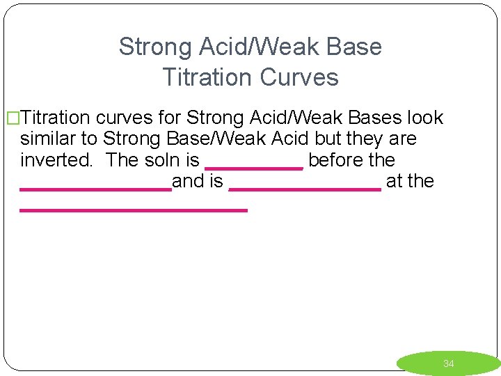 Strong Acid/Weak Base Titration Curves �Titration curves for Strong Acid/Weak Bases look similar to