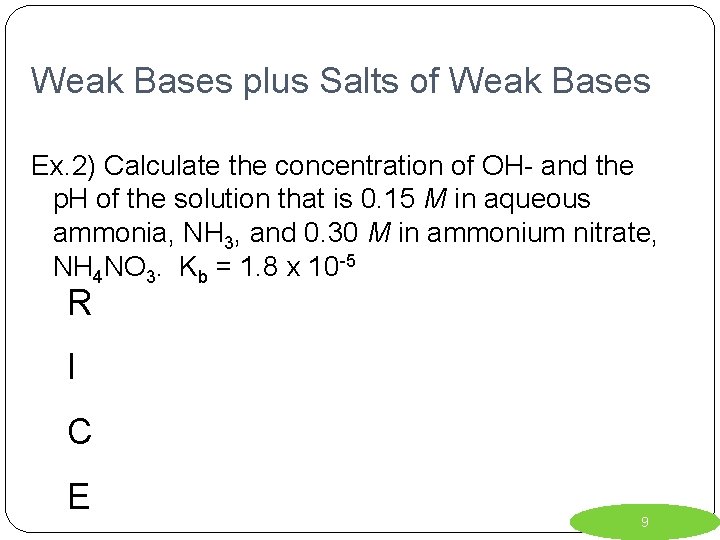 Weak Bases plus Salts of Weak Bases Ex. 2) Calculate the concentration of OH-