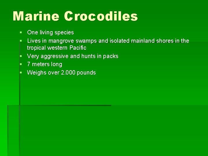 Marine Crocodiles § One living species § Lives in mangrove swamps and isolated mainland