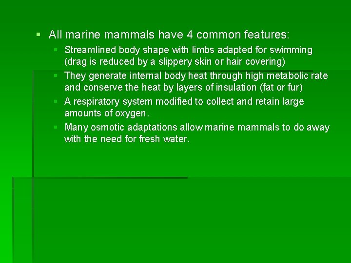 § All marine mammals have 4 common features: § Streamlined body shape with limbs