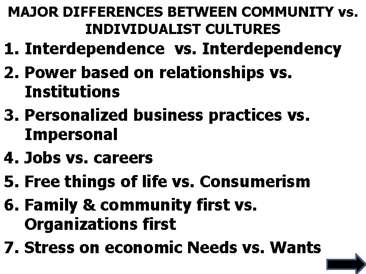 MAJOR DIFFERENCES BETWEEN COMMUNITY vs. INDIVIDUALIST CULTURES 1. Interdependence vs. Interdependency 2. Power based