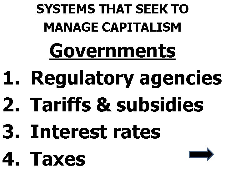 SYSTEMS THAT SEEK TO MANAGE CAPITALISM 1. 2. 3. 4. Governments Regulatory agencies Tariffs