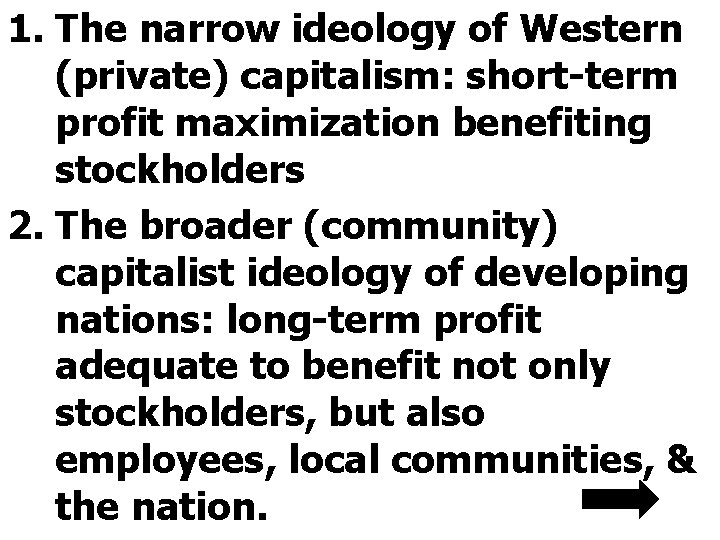 1. The narrow ideology of Western (private) capitalism: short-term profit maximization benefiting stockholders 2.