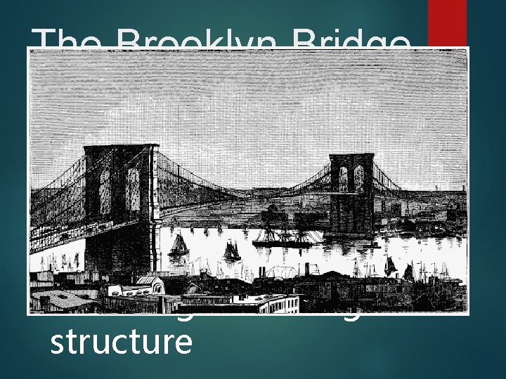 The Brooklyn Bridge Completed in 1883, it spanned 1595 feet Called a wonder of