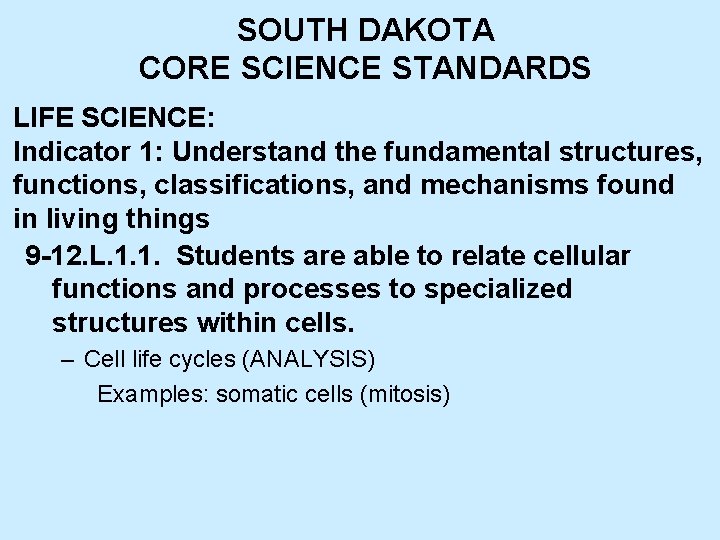 SOUTH DAKOTA CORE SCIENCE STANDARDS LIFE SCIENCE: Indicator 1: Understand the fundamental structures, functions,