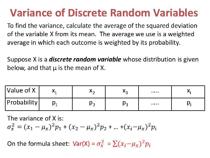 Variance of Discrete Random Variables Value of X x 1 x 2 x 3