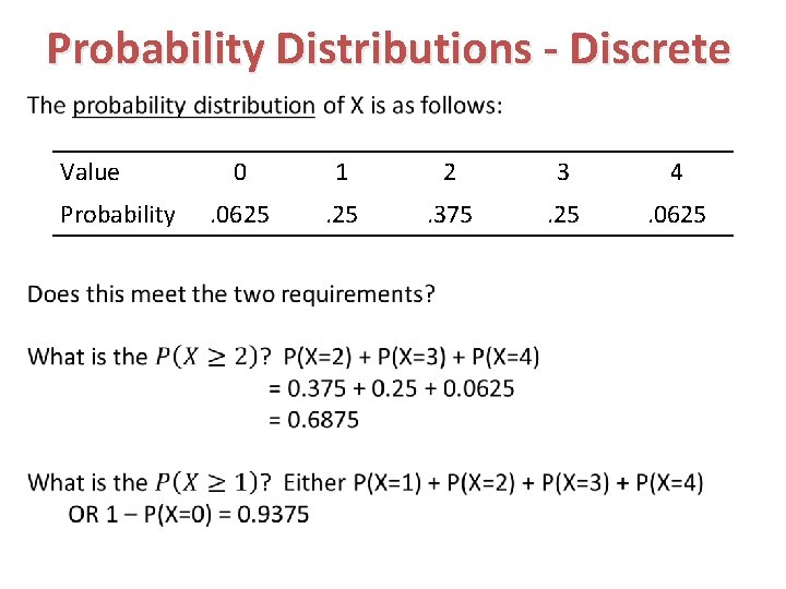 Probability Distributions - Discrete Value Probability 0 1 2 3 4 . 0625 .