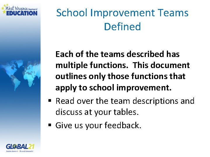 School Improvement Teams Defined Each of the teams described has multiple functions. This document