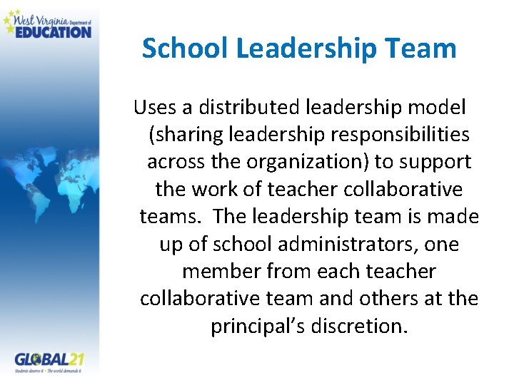 School Leadership Team Uses a distributed leadership model (sharing leadership responsibilities across the organization)