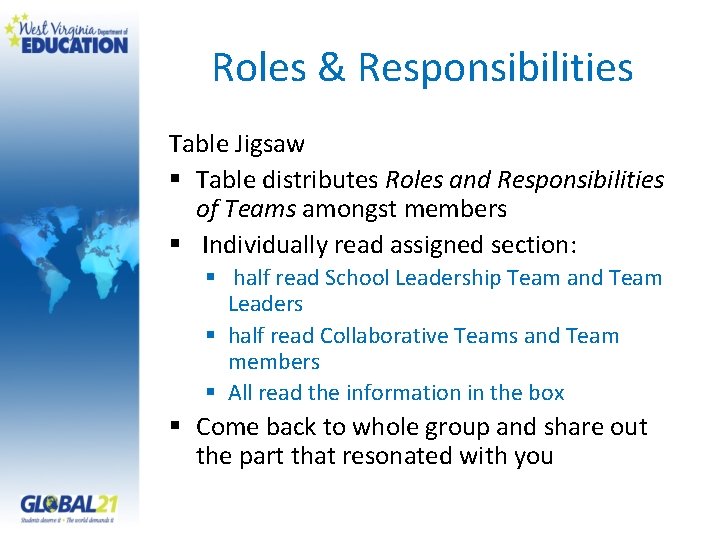 Roles & Responsibilities Table Jigsaw § Table distributes Roles and Responsibilities of Teams amongst