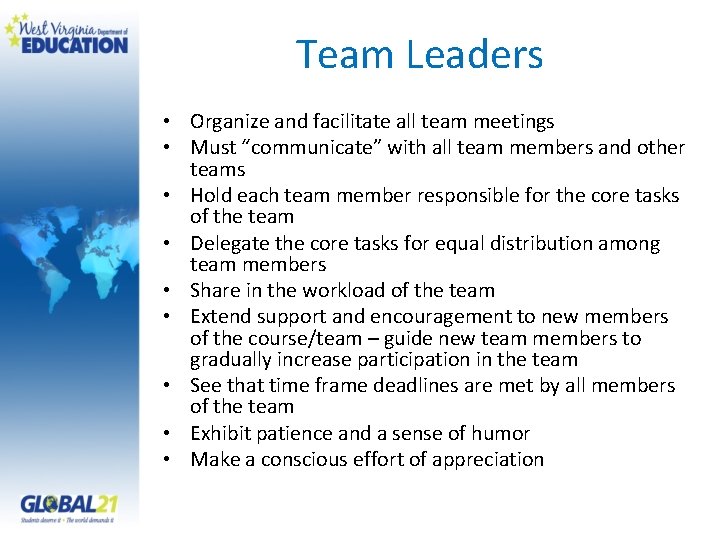 Team Leaders • Organize and facilitate all team meetings • Must “communicate” with all