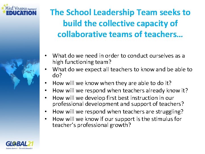 The School Leadership Team seeks to build the collective capacity of collaborative teams of