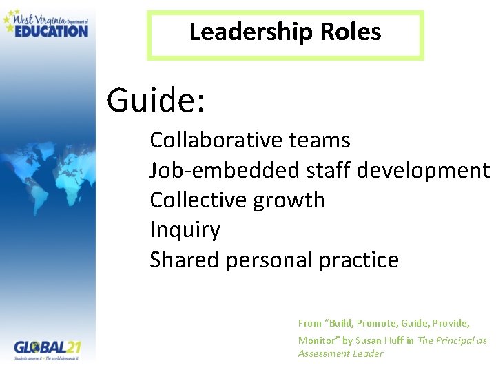 Leadership Roles Guide: Collaborative teams Job-embedded staff development Collective growth Inquiry Shared personal practice