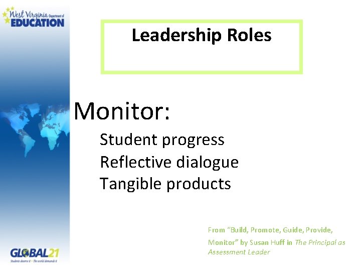 Leadership Roles Monitor: Student progress Reflective dialogue Tangible products From “Build, Promote, Guide, Provide,