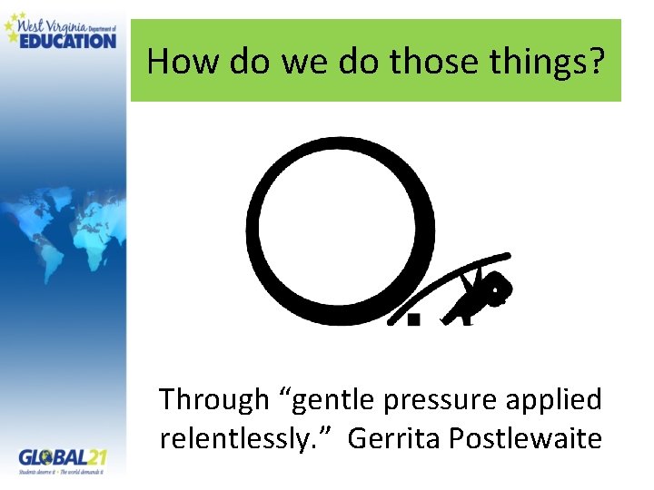 How do we do those things? Through “gentle pressure applied relentlessly. ” Gerrita Postlewaite