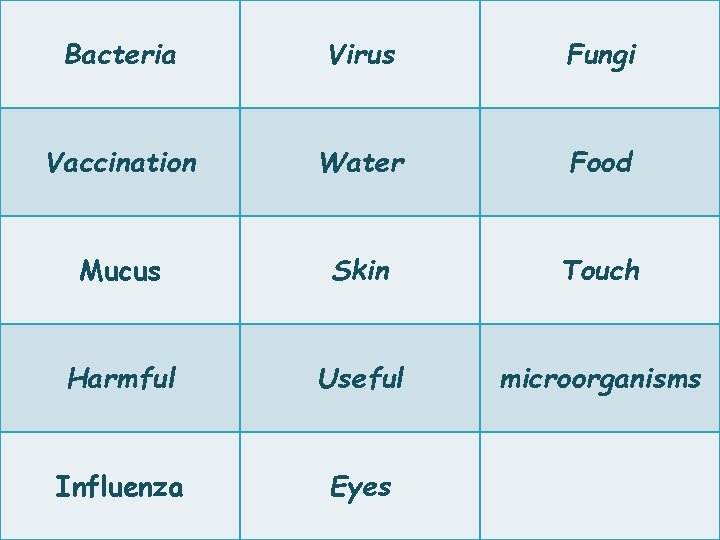 Bacteria Virus Fungi Vaccination Water Food Mucus Skin Touch Harmful Useful microorganisms Influenza Eyes