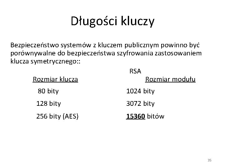 Długości kluczy Bezpieczeństwo systemów z kluczem publicznym powinno być porównywalne do bezpieczeństwa szyfrowania zastosowaniem