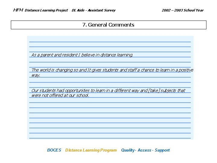HFM Distance Learning Project DL Aide - Assistant Survey 2002 – 2003 School Year