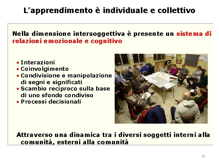 L’apprendimento è individuale e collettivo Nella dimensione intersoggettiva è presente un sistema di relazioni