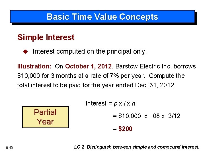 Basic Time Value Concepts Simple Interest u Interest computed on the principal only. Illustration: