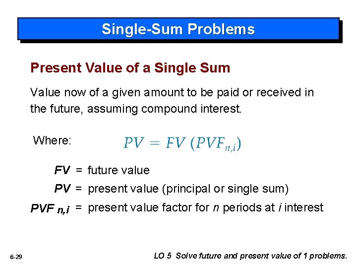 Single-Sum Problems Present Value of a Single Sum Value now of a given amount