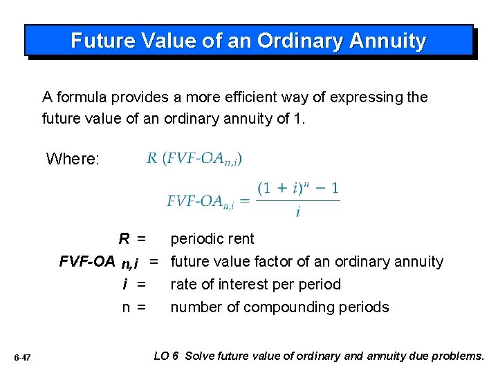 Future Value of an Ordinary Annuity A formula provides a more efficient way of