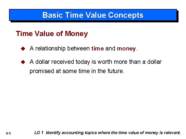 Basic Time Value Concepts Time Value of Money u A relationship between time and