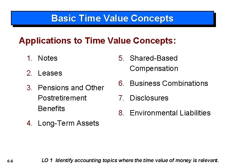 Basic Time Value Concepts Applications to Time Value Concepts: 1. Notes 2. Leases 3.