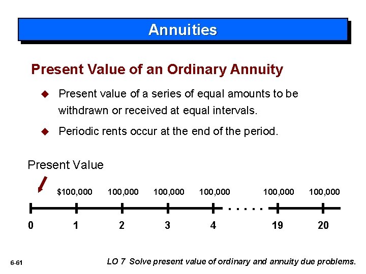 Annuities Present Value of an Ordinary Annuity u Present value of a series of