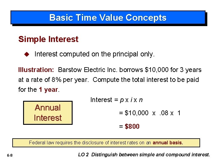 Basic Time Value Concepts Simple Interest u Interest computed on the principal only. Illustration: