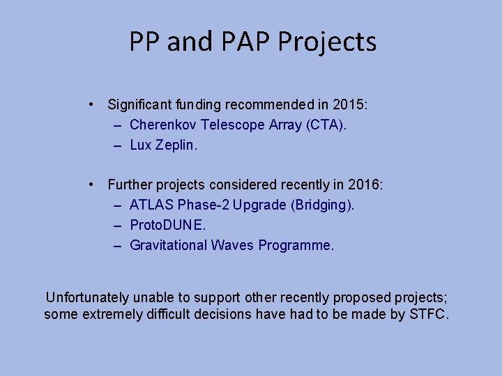 PP and PAP Projects • Significant funding recommended in 2015: – Cherenkov Telescope Array