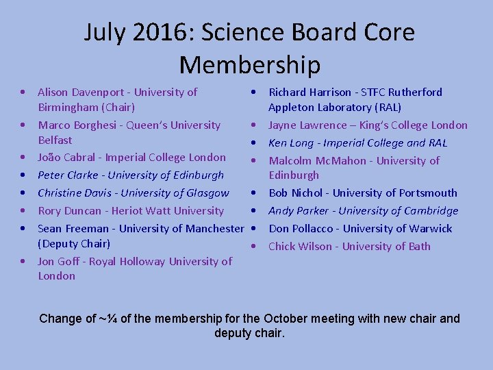 July 2016: Science Board Core Membership • Alison Davenport - University of Birmingham (Chair)