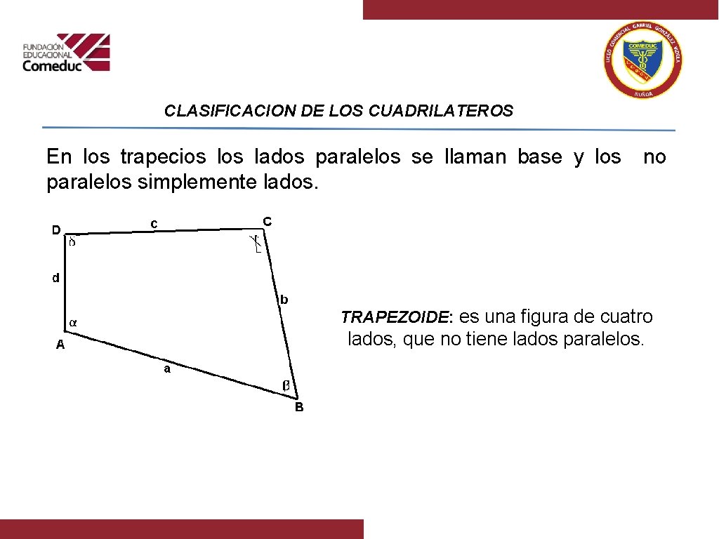 CLASIFICACION DE LOS CUADRILATEROS En los trapecios lados paralelos se llaman base y los