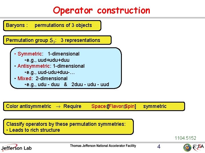 Operator construction Baryons : permutations of 3 objects Permutation group S 3: 3 representations