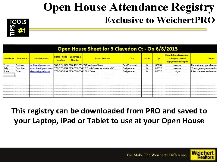 Open House Attendance Registry Exclusive to Weichert. PRO #1 This registry can be downloaded