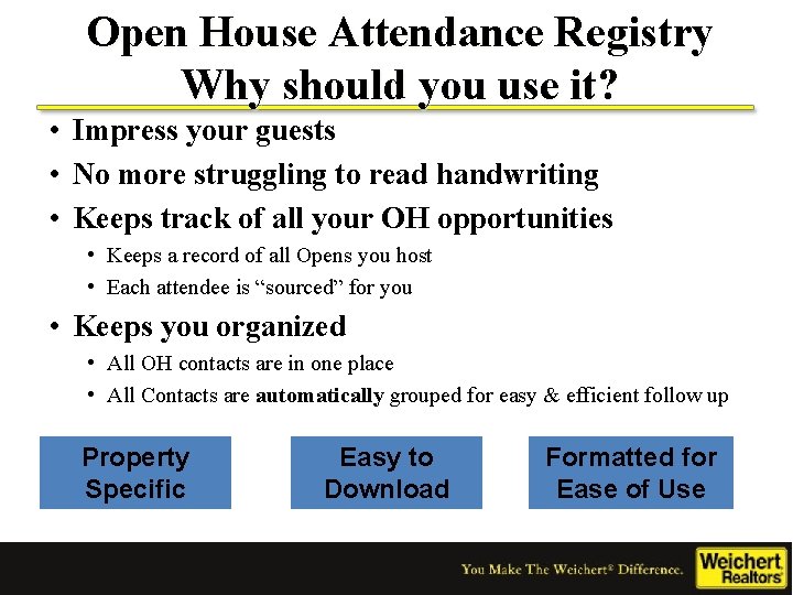 Open House Attendance Registry Why should you use it? • Impress your guests •