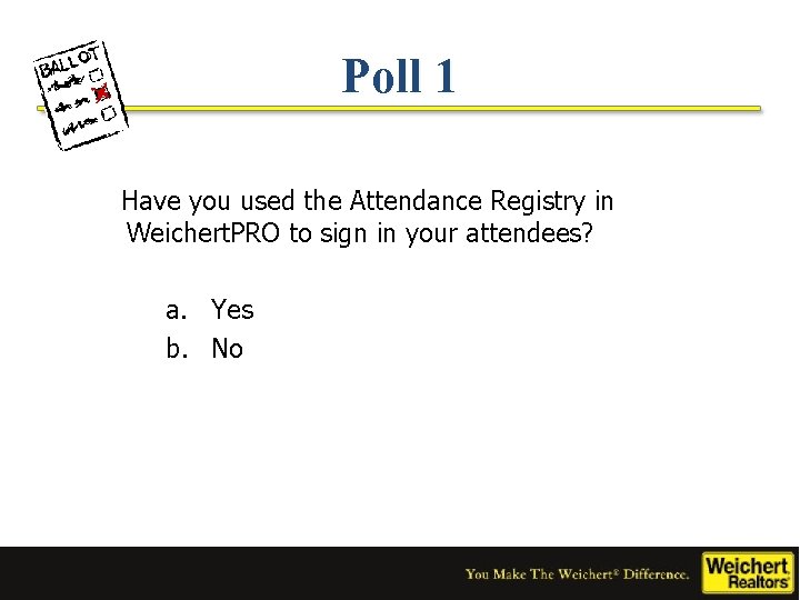 Poll 1 Have you used the Attendance Registry in Weichert. PRO to sign in