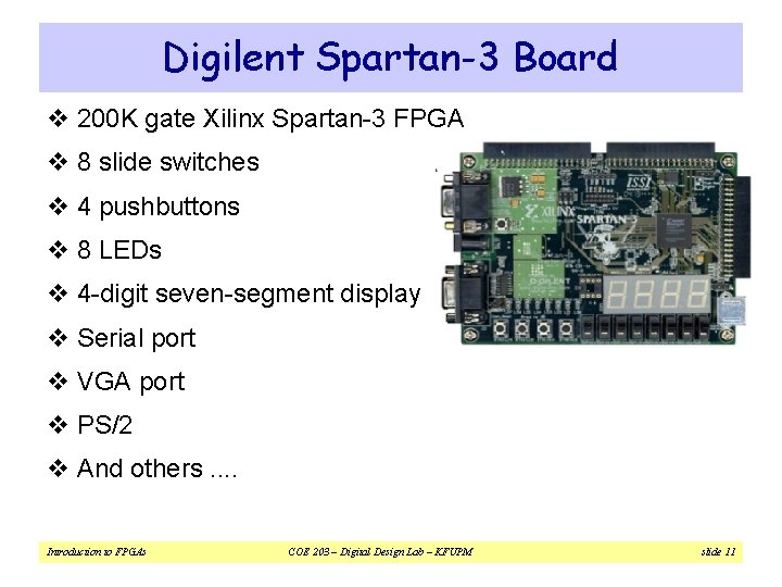 Digilent Spartan-3 Board v 200 K gate Xilinx Spartan-3 FPGA v 8 slide switches Digilent Spartan-3 Board v 200 K gate Xilinx Spartan-3 FPGA v 8 slide switches