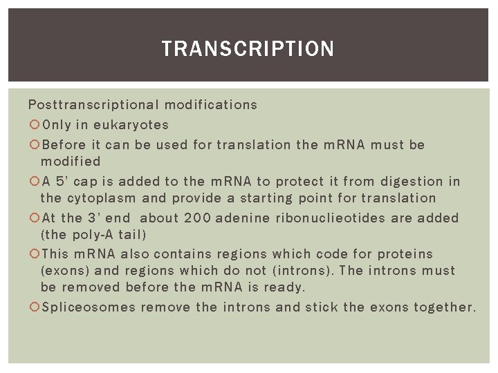 TRANSCRIPTION Posttranscriptional modifications Only in eukaryotes Before it can be used for translation the