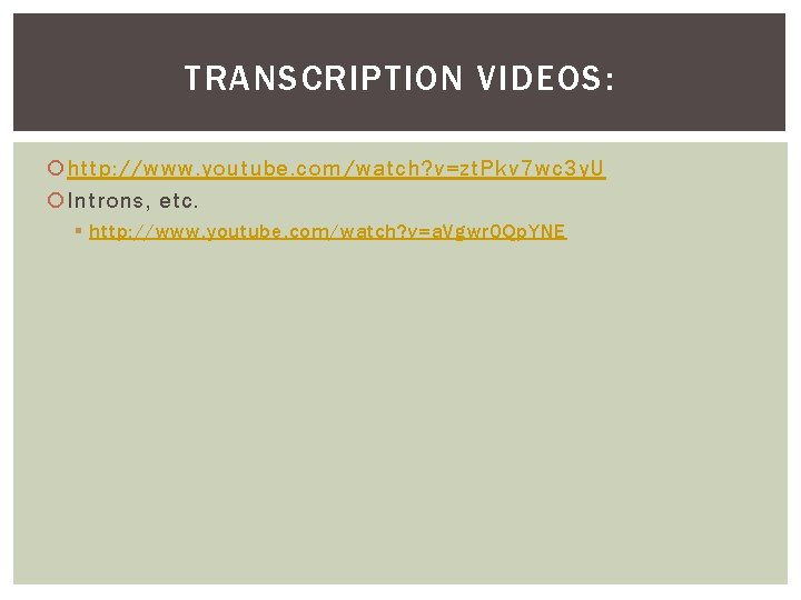 TRANSCRIPTION VIDEOS: http: //www. youtube. com/watch? v=zt. Pkv 7 wc 3 y. U Introns,