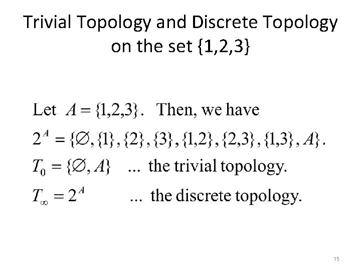 Trivial Topology and Discrete Topology on the set {1, 2, 3} 15 