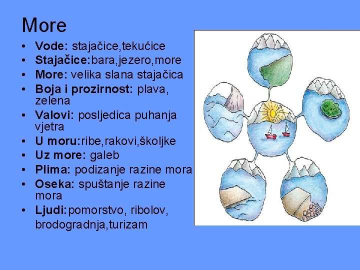 More • • • Vode: stajačice, tekućice Stajačice: bara, jezero, more More: velika slana