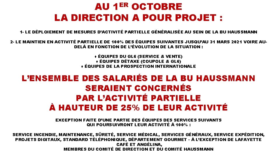 AU 1 ER OCTOBRE LA DIRECTION A POUR PROJET : 1 - LE DÉPLOIEMENT