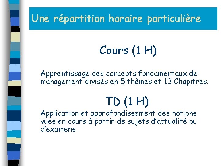 Une répartition horaire particulière Cours (1 H) Apprentissage des concepts fondamentaux de management divisés