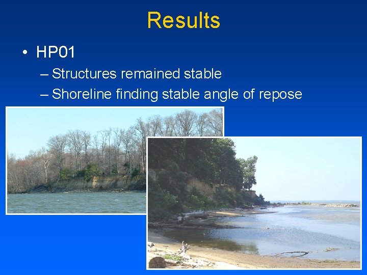 Results • HP 01 – Structures remained stable – Shoreline finding stable angle of
