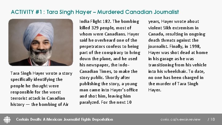 ACTIVITY #1 : Tara Singh Hayer – Murdered Canadian Journalist Tara Singh Hayer wrote