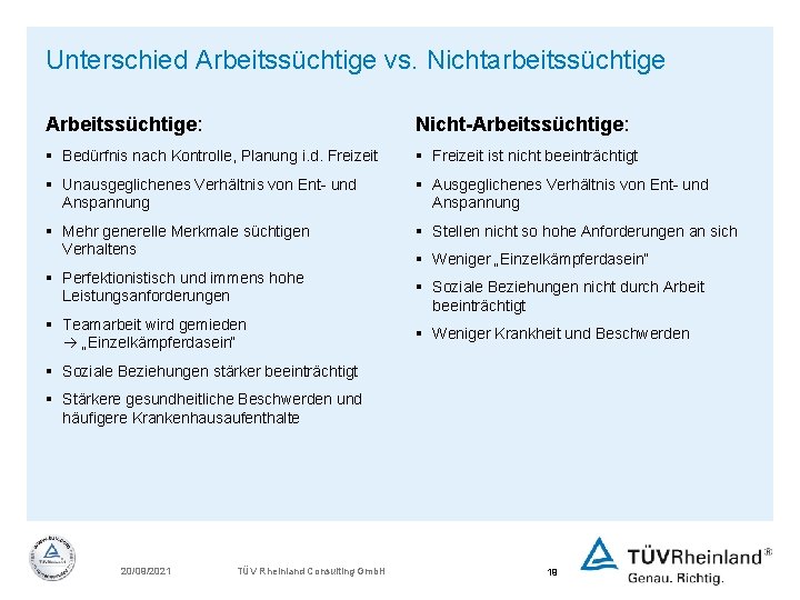 Unterschied Arbeitssüchtige vs. Nichtarbeitssüchtige Arbeitssüchtige: Nicht-Arbeitssüchtige: § Bedürfnis nach Kontrolle, Planung i. d. Freizeit Unterschied Arbeitssüchtige vs. Nichtarbeitssüchtige Arbeitssüchtige: Nicht-Arbeitssüchtige: § Bedürfnis nach Kontrolle, Planung i. d. Freizeit