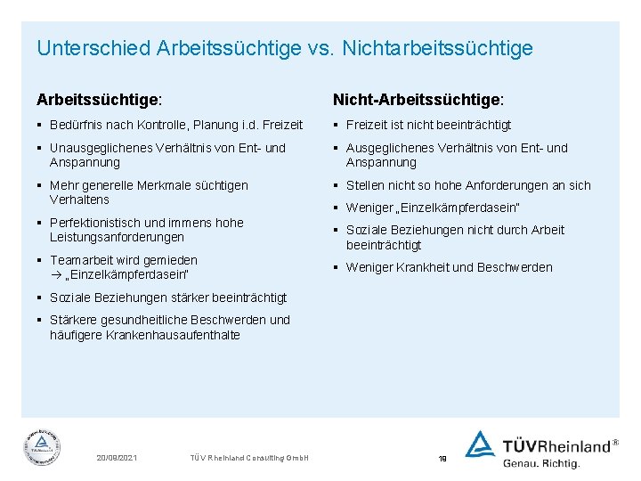 Unterschied Arbeitssüchtige vs. Nichtarbeitssüchtige Arbeitssüchtige: Nicht-Arbeitssüchtige: § Bedürfnis nach Kontrolle, Planung i. d. Freizeit