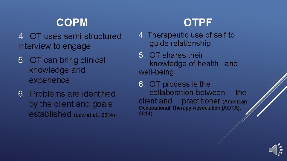 COPM 4. OT uses semi-structured interview to engage 5. OT can bring clinical knowledge