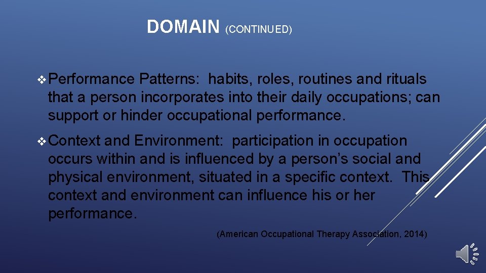 DOMAIN (CONTINUED) v. Performance Patterns: habits, roles, routines and rituals that a person incorporates